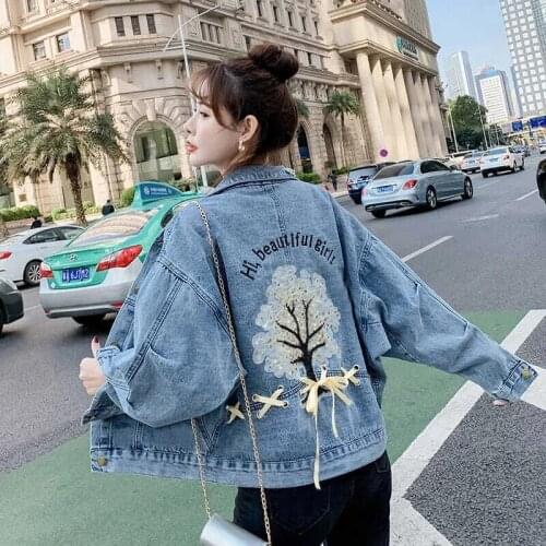 Heavy Industry 2021 Autumn Denim Jacket Female Korean Embroidered Flowers Loose BF Wild lace Short Top Women Jeans coat Femme