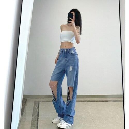 Hole Chain High Waisted Jeans Women Loose Casual Blue Washed Straight Wide-legged Trousers Pantalones De Mujer Cintura Alta