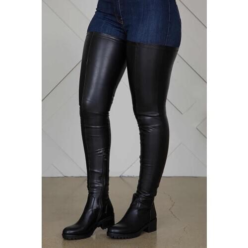 Big Size 43 Black Over Knee High Boots Stretch Fabric Fit All Size Ladies Round Toe Thigh High Long Boots Low Chunky Heel
