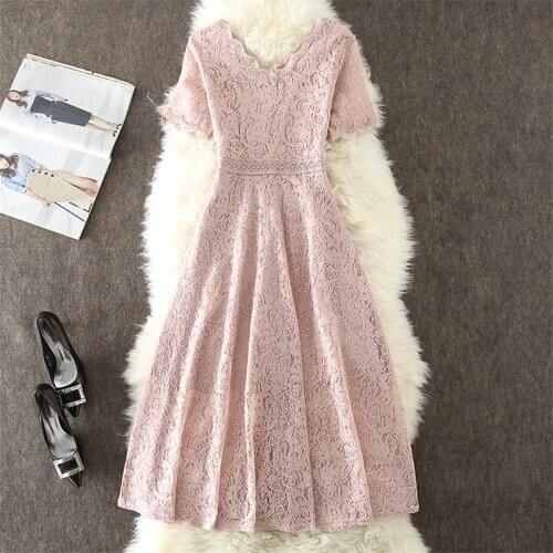 20 Summer Dress Women Short Sleeve Lace Dress Big Size S-3XL Dress Elegant Lady Long V-neck Party Dressess Vestidos платье W1178