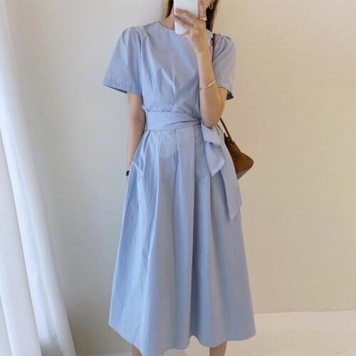 Sannian Women Dress Light Blue Round Neck Pressed Pleated Lacing Waist Skinny Knee-length Short-sleeved Dresses Ladies Clothes