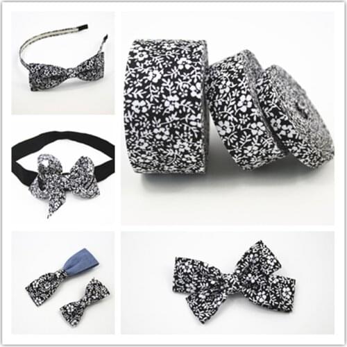 5M/L 10 25 40mm Printed Small White Flower Ribbon Roll Polyester Cotton White Black Fabric Layering for DIY Hair Craft Material