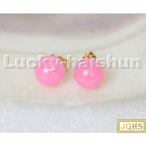AAA natural Studs 10mm round pink Jade beads Earrings 14K gold post c294