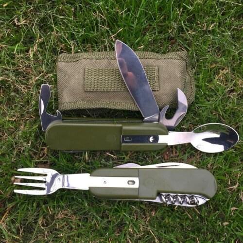 Army Green Folding Portable Stainless Steel Camping Picnic Cutlery Fork Spoon Bottle Opener Tableware Travel Kit Pouch
