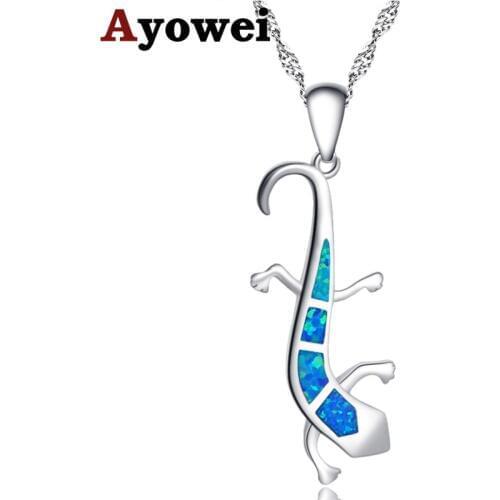 Ayowei For Women party gift Smart Gecko Amazing blue Fire Opal Silver Stamped 925 Necklace Pendants OP758A