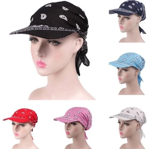 Women Unisex Visor Pre Fitted Bandana Turban Hat Boho Paisley Floral Printed Tie Knot Back Cotton Baseball Adjustable Sun