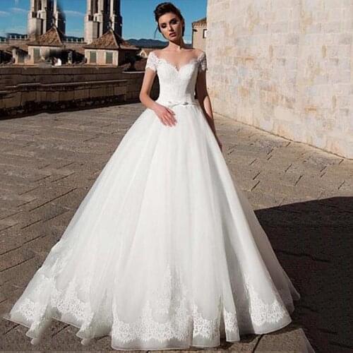 White Lace Wedding Dress Illusion O-Neck A-Line Tulle Bridal Gowns With Belt Custom Made 2020 Wedding Dress