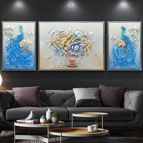 Living Room Decoration Painting European Peacock Triple Painting 3d Embossed Mural Luxury Atmosphere Light Luxury Painting