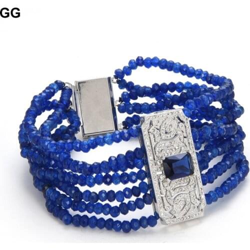 GG Jewelry 8'' 7 Strands Blue Rondelle Jade CZ Pave Connector Bracelet For Women