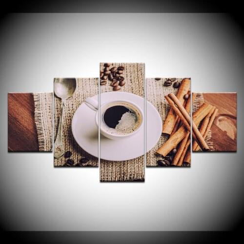 Canvas HD Prints Pictures Home Decor Restaurant 5 Pieces Steaming Coffee Cup Coffee Bean Paintings Kitchen Wall Art Food Posters
