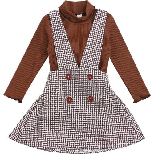 2Pcs Sweet Style Little Girls Outfit, Autumn Toddlers Solid Color Long Sleeve High Collar Tops + Plaid Suspender Skirt Set 1-6T