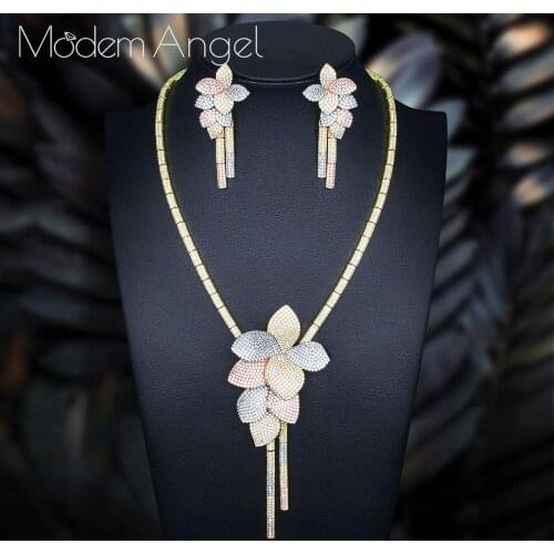 ModemAngel Luxury Flower Leaf AAA Cubic Zirconia Zirconia Party Wedding DUBAI Pendant Necklace And Earring Jewelry Set