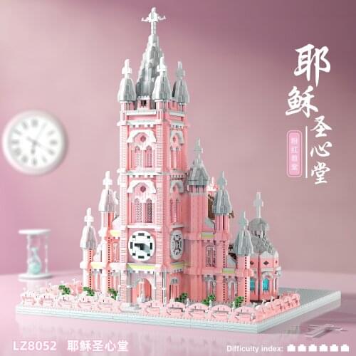 LZ 8052 World Famous Architecture Sacred Heart Church DIY Diamond Building Cartoon Blocks Pink Brick Kids Toy Gift 6410pcs