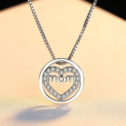Copper Plated Silver Crystall Round heart Letter Mom Pendant Necklace Silver Plated Mothers Day Gift Women Jewelry Wholesale