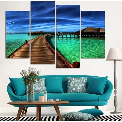 Fashion 4 Piece Seascape Blue Seawater Modern Wall Art Picture Canvas Print Painting For Living Room Decor Unframed