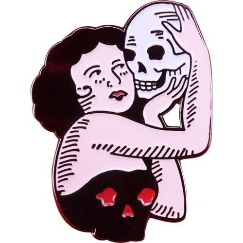 A young woman holding a skull in her hands Pin Badge