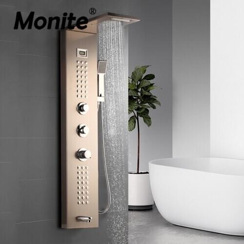 Monite Nickel Brush Shower Column Massage Jets Brudshed Gold Bathroom Rainfall Shower Head W/ Hand Sprayer Shower Set Faucet