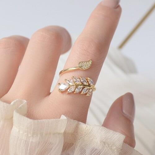 Delicate Jewelry 14K Gold Plated Adjustable Crystal Rings for Women Simple Style Cubic Zircon Leaves Party Rings