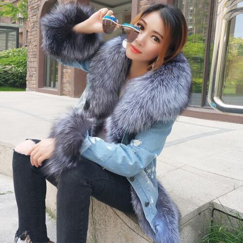 2020 new winter casual warm fashion short fur jacket faux fur Liner with luxurious wool fur collar denim coat