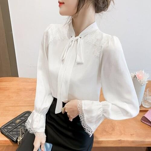 2021 autumn new style thin temperament shirt women chiffon shirt long-sleeved bow bottoming shirt blouse