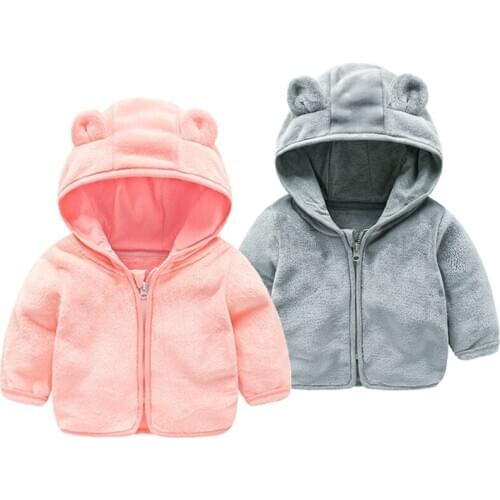 1-6 Year Baby Girl Clothes Cute Solid Color Plush Bear Girls Jacket Spring Autumn Warm Boys Girls Coat Zipper Hooded Kids Jacket