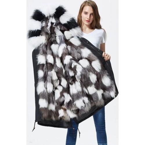 Winter Parka With Hood Coat Silver Fox White Fox Fur Patchwork Lined Long Jackets For Women Plus Size