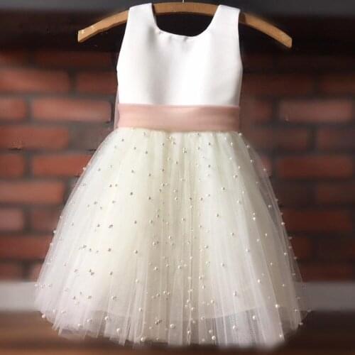 Ivory New Girl Pageant Dresses Tulle Sashes Pearls Flower Girl Dress First Communion Dress Little Bride Dress New Year