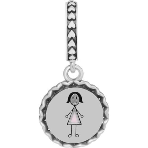 MOM Stick Figure Dangle Charms For Silver 925 Original Chain Bracelets Family Mother Pink Enamel Round Charms for Jewelry Making