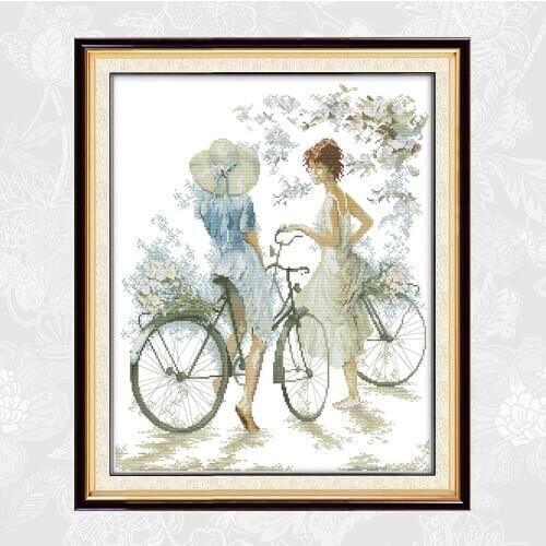 Joy Sunday Bicycle girl Paintings Chinese Cross Stitch Counted Print on Canvas DMC 14CT 11CT Needlework Sets Embroidery kits