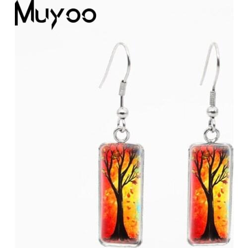 2021 New Colorful Painted Trees Patterns Paintings Handcraft Rectangle Fish Hook Earrings