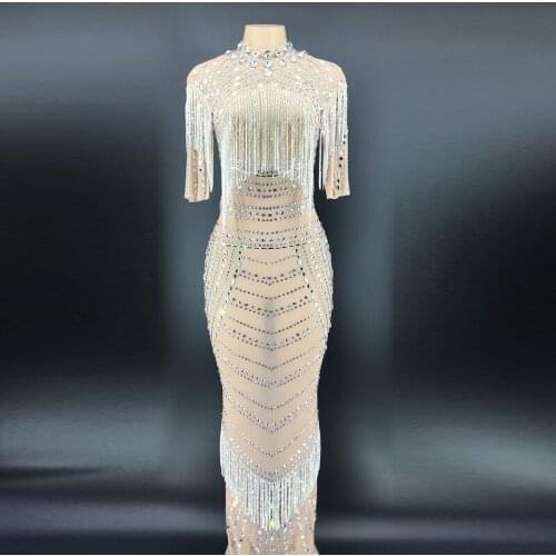 Mesh Silver Crystals Chains Long Dress Women Wedding Birthday Celebrity Evening Transparent Dress Prom Mesh Rhinestones Dress