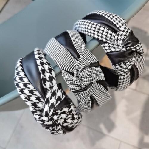 Women Hair Accessories Personality Pu Leather Stitching Plaid Hair Band Retro Knotted Headband for Women Girls Hairbands Bezel