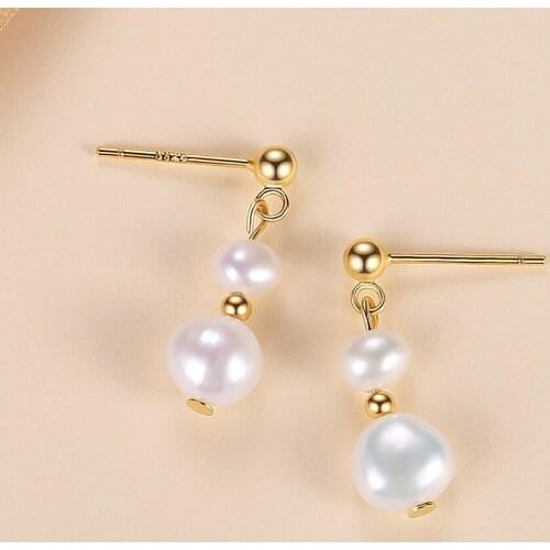 ELESHE Wholesale 925 Sterling Silver Natural Pearl Pendant 18K Gold Plated Stud Earrings for Women Fashion Jewelry Accessories