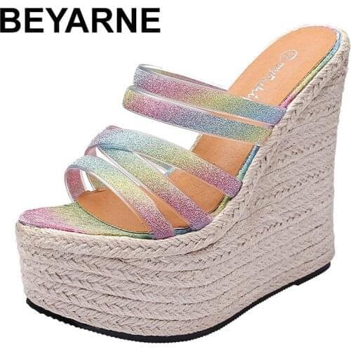 BEYARNE Platform women high heel wedges slipper slides outdoor party casual lady mules shoes pumps rope sole espadrilles