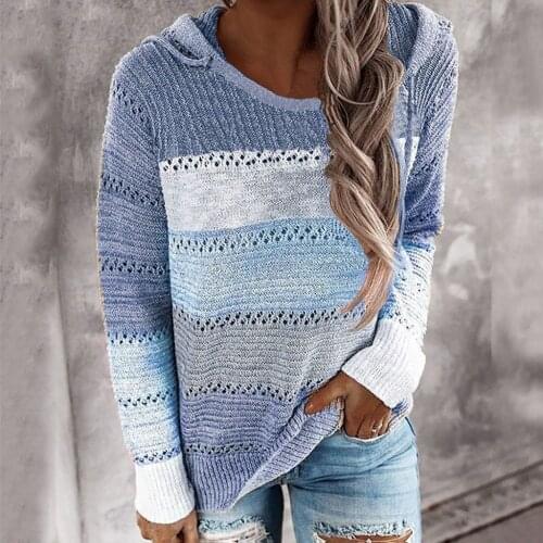 Women Striped Sweater Lightweight Hooded Autumn Patchwork Female Elegant Long Sleeve Pullover Top Crewneck Knitted Jumper Soft