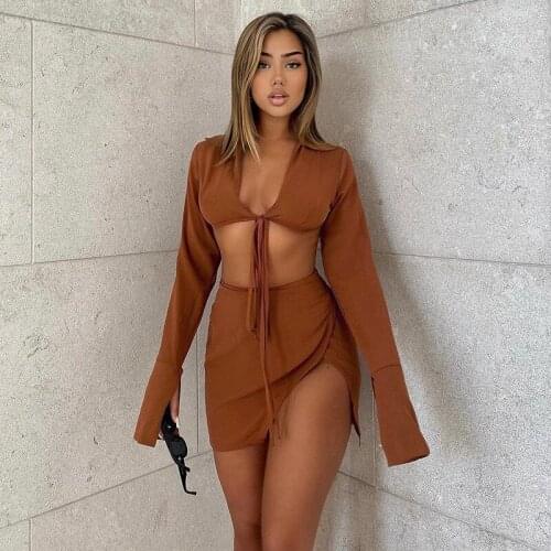 Lace Up Bandage Bodycon Matching Sets Women Fashion Outfits Autumn Flare Sleeve Crop Top and Mini Skirt Split Two Piece Set 2021