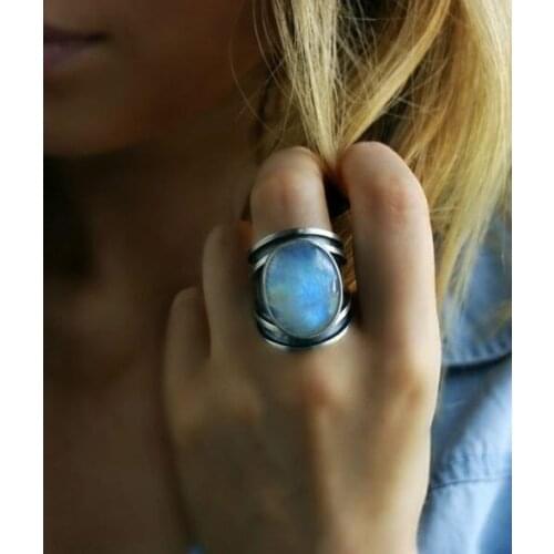 Antique Boho Silver Natural Moonstone Women Jewelry Elegant Gemstone Wedding Ring
