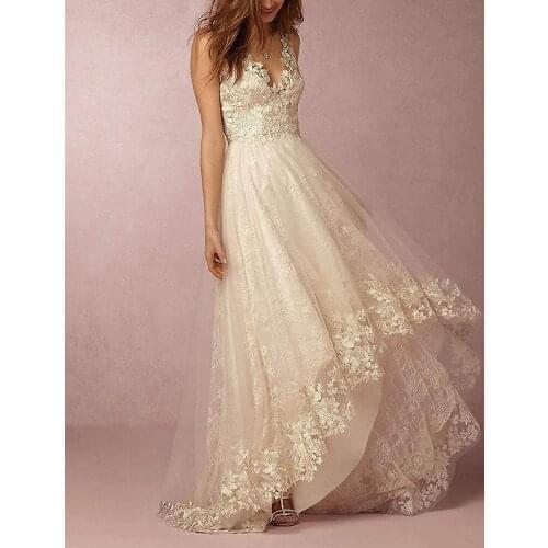 Champagne Lace Appliques Wedding Dresses for Bride Long A Line High Low Bridal Gowns vestido de noiva