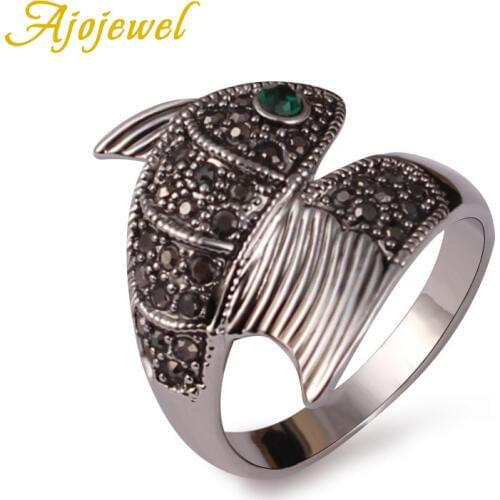 Ajojewel Size 7 8 9 Brand Fashion Animal Jewelry New Green Crystal Eyes Fish Ring For Men Women