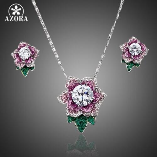 AZORA Exclusive White Gold Color Stellux Austrian Crystal Flower Stud Earrings and Necklace Set TG0021