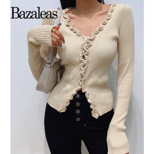 Bazaleas harajuku Knitted cardigan Vintage lacework pull femme kardigan Cream Sweaters Retro Women Sweater