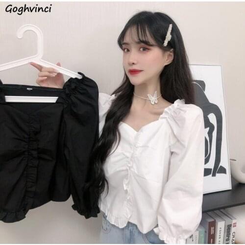 Women Blouses Summer Square Collar Sweet Girls Fungus Nine-quarter Puff Sleeve Lovely Short-style Top Black White Blouse Elegant