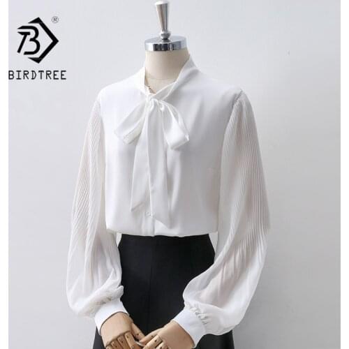 Autumn Women White Shirt Vintage Pleated Lantern Sleeve Chiffon Blouse Stand Collar Elegant Office Wear Fall Spring Bow Tie Tops