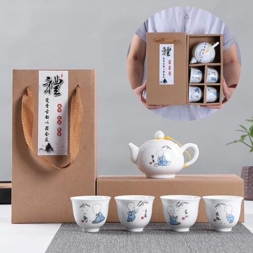Kung Fu Tea Set Free Little Monk Cup High-End Tea Set Gift Box Ceramic Blue White Bowl Tea Pot Set