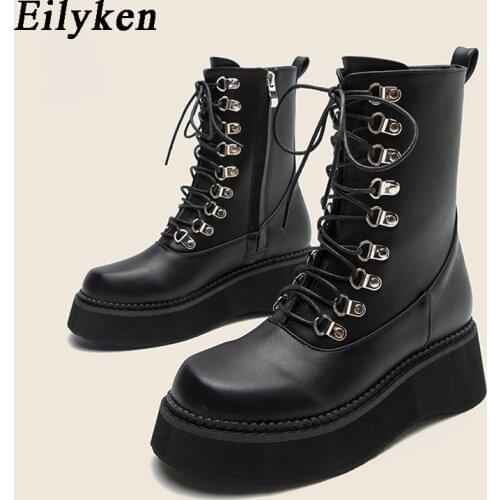 Eilyken Motorcycle Boots Women Cross-Tied Slide Zip Round Toe Lady Ankle Boots Winter Shoes Handmade 2022 New