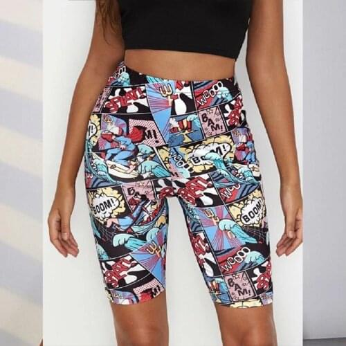 Asymmetric Color Pattern Print Fashion Bottoming Hip Pants Breathable Slim Ladies Casual Short Sport Leggings Women 2021 Summer