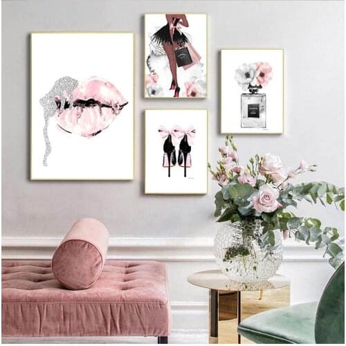 Fashion Wall Art Perfume Lips Poster Nordic Print High Heels Canvas Painting Woman Pictures for Living Room Modern Decoration