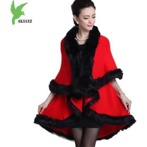 New Knitted Cloak Jackets Women Autumn Winter Faux Fox fur Cardigan Shawl Double layer Knit Thick Warmth Cloak Coats OKXGNZ 1537
