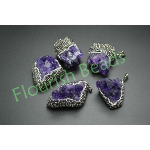 Natural Drusy Geode Stone Pendant Paved Black Crystal Beads on side Fashion Jewelry Making Materials