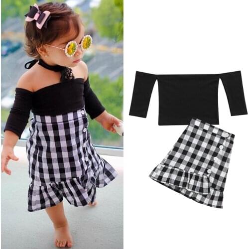 2 Pcs Toddler Casual Outfits Children Girls Off-shoulder Solid Color Long Sleeve Boat Neck Pullover Tops + Slit Plaid Skirts